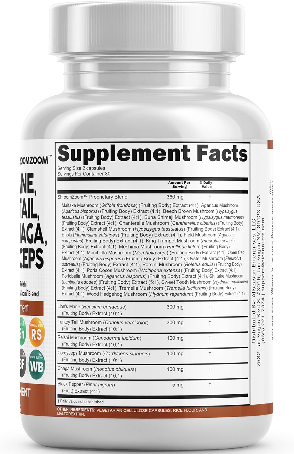 1739187802_81Sp19SaipL._AC_SL1500_.jpg Clean Nutraceuticals Lions Mane 20in1 Mushroom Supplement with Turkey Tail Reishi Cordyceps Chaga Maitake Meshima Poria Cocos Shiitake Oyster Porcini Enoki - 2Pack - Image 5