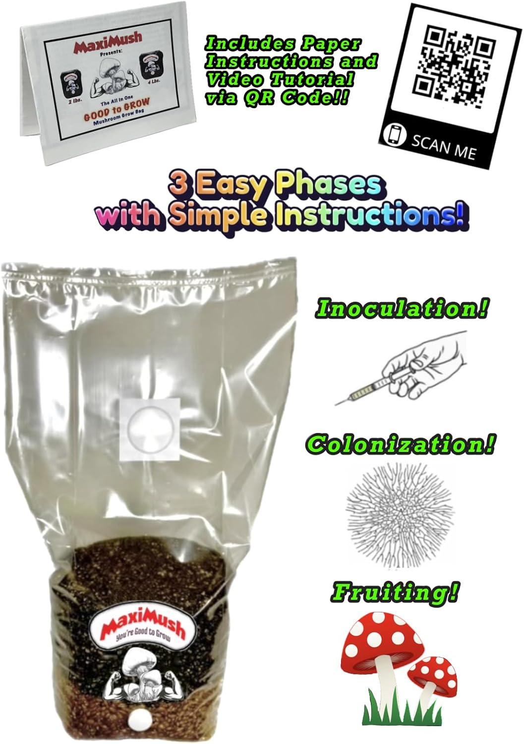 1739471545_71pExjq0zL._AC_SL1500_.jpg (XL 2-Pack) Mushroom Grow Kit! Magic Grow Bag for Mushrooms! (XL 4Lbs. x2)| Grain, Substrate, and Injection Port All-in-One! The Good to Grow Kit! - Image 6