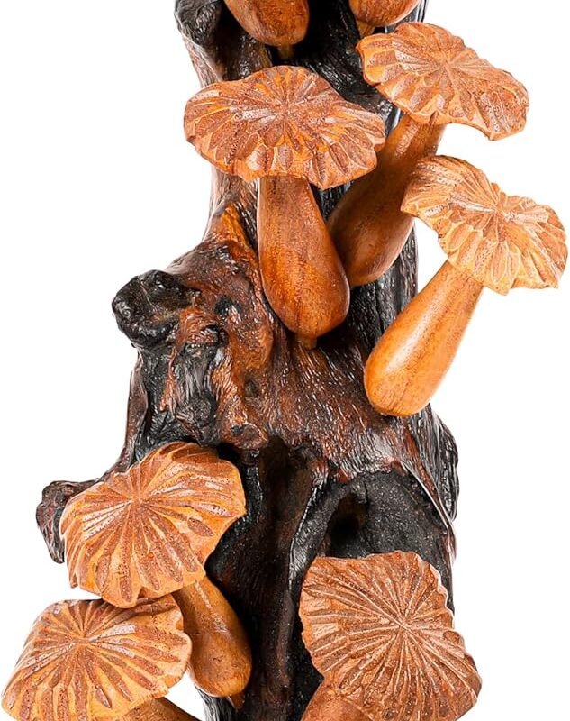 Curawood Wall Hanging Mushroom Decor - 11.8" x 5.9" Wooden Mushroom Wall Art - Handmade in Indonesia, Authentic Artisan Carving - Natural Toadstool Sculpture, Rustic Cottagecore Decorations for Home