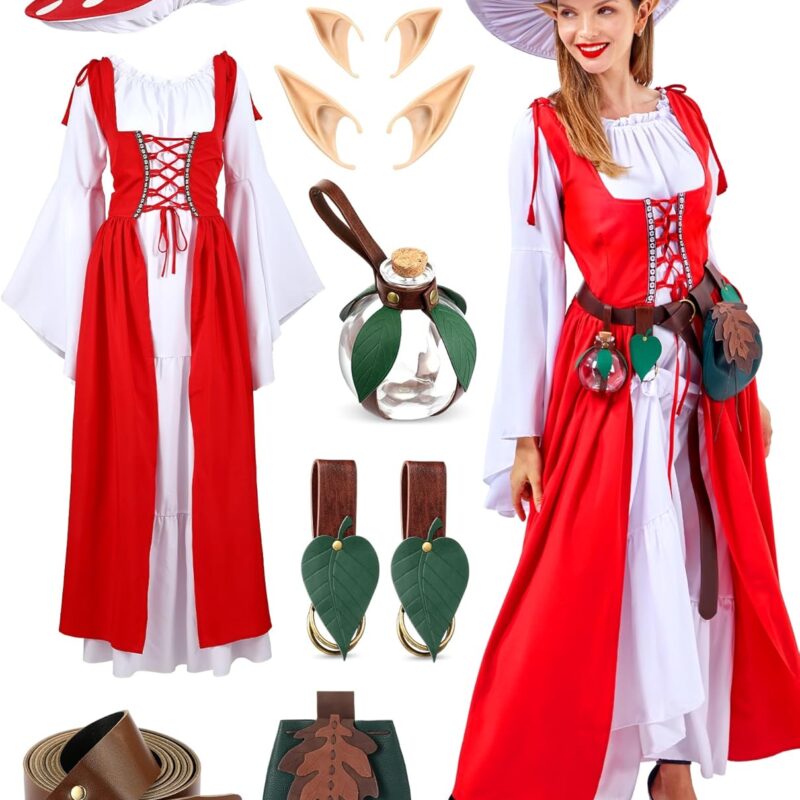 10 Pcs Halloween Women Renaissance Medieval Costume with Mushroom Hat Elf Ears Leaf Belt Bag Skirt Hikes
