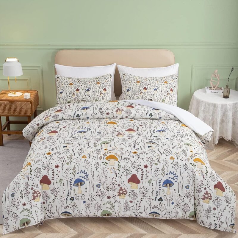 SOULZZZ Mushroom Comforter Set 3 Piece, Colorful Mushroom Decor King Bedding with Plants and Flowers, Aesthetic Cute Mushroom Room Decor Comforter for Kids Adults Boys Girls, King, Cream