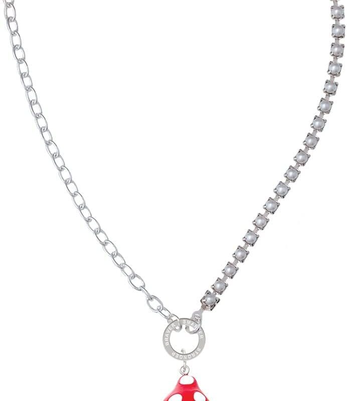 Delight Jewelry Resin Red Spotted Mushroom Stronger Braver Smarter Mixed Cable and Imitation Pearl Chain Choker Necklace, 14.75-17"