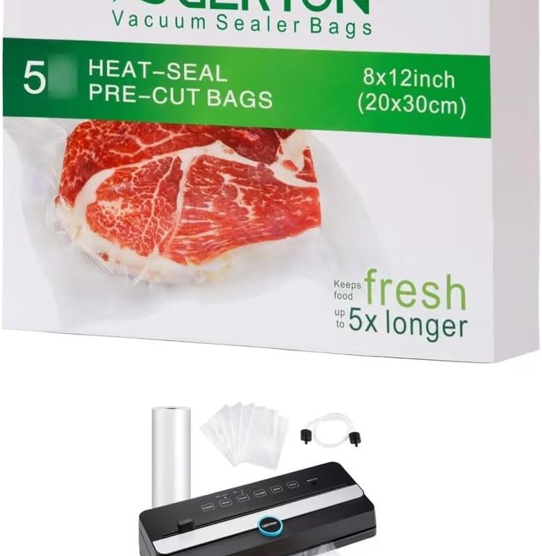 GERYON Vacuum Sealer, Automatic Vacuum Sealer Machine with Built-in Cutter, Compact Design for Dry and Moist Food with Starter Kit Bags and Rolls, Black
