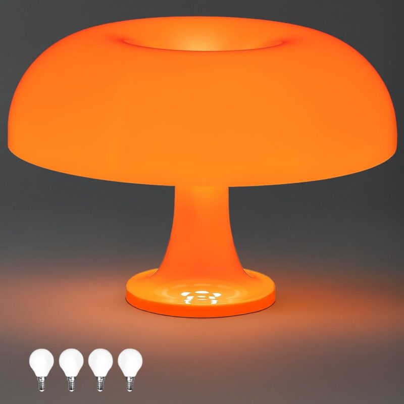 Orange Mushroom Lamp – Retro Mid Century Modern Table Lamp for Bedroom, Desk, and Living Room | Cool Room Decor | Aesthetic Lighting