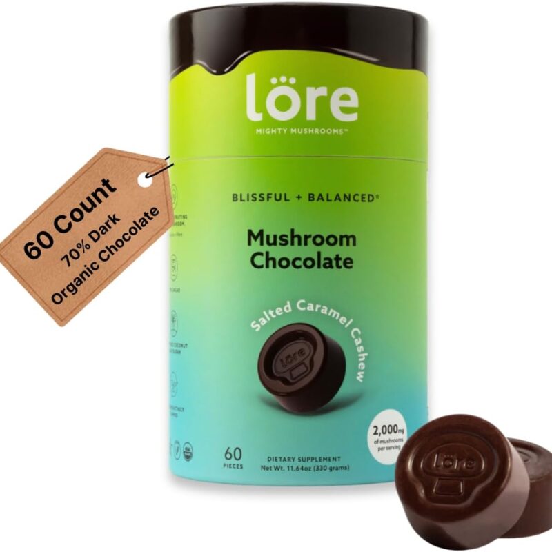Organic Dark Mushroom Chocolate - Salted Caramel Cashew Flavor - 70% Cacao - Organic, Vegan & Paleo Friendly with Lion’s Mane and Reishi - USA Made - Calmness & Relaxation