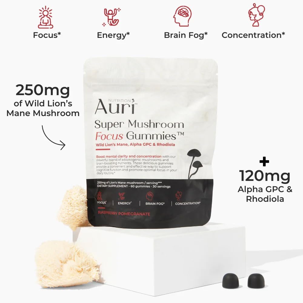51RjDcGrVJL._AC_SL1000_.jpg Auri Super Mushroom Focus Gummies - w/Lion's Mane, Alpha GPC & Rhodiola - Mushrooom Supplement to Support Cognitive Function, Mental Clarity, Focus & Energy | 60 Gummies, Vegan Friendly, Non GMOs - Image 8