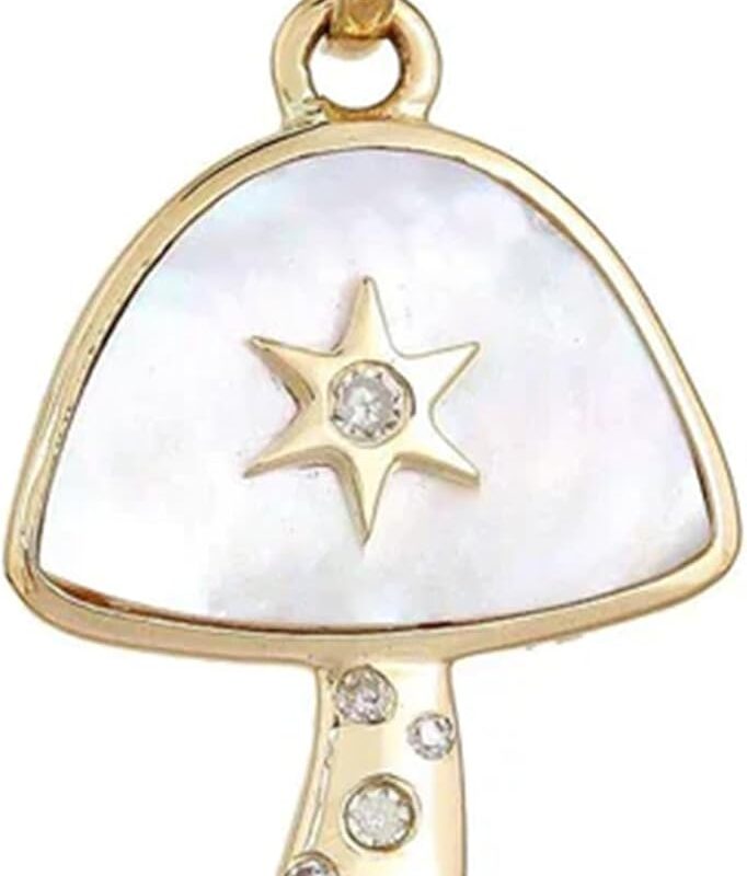 14k Gold Diamond With Mother Of Pearl Handmade Mushroom Charm Pendant Jewelry