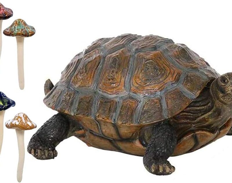 Danmu Ceramic Mushroom 4.52" H and Polyresin Tortoise 12 9/10" x 9 2/5" x 5 1/2" Outdoor Statue, Garden Ornaments, Yard Statue for Home and Fairy Garden Decor