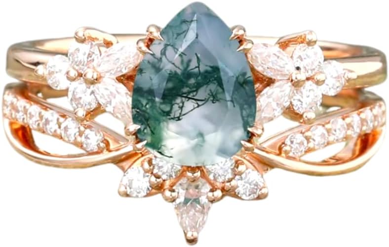 Natural Moss Agate Engagement Ring Set for Women 1.5 CT Pear Cut Vintage Moss Agate Wedding Ring Set for Women 925 Sterling Silver 10K 14K 18K Gold Moss Agate Ring