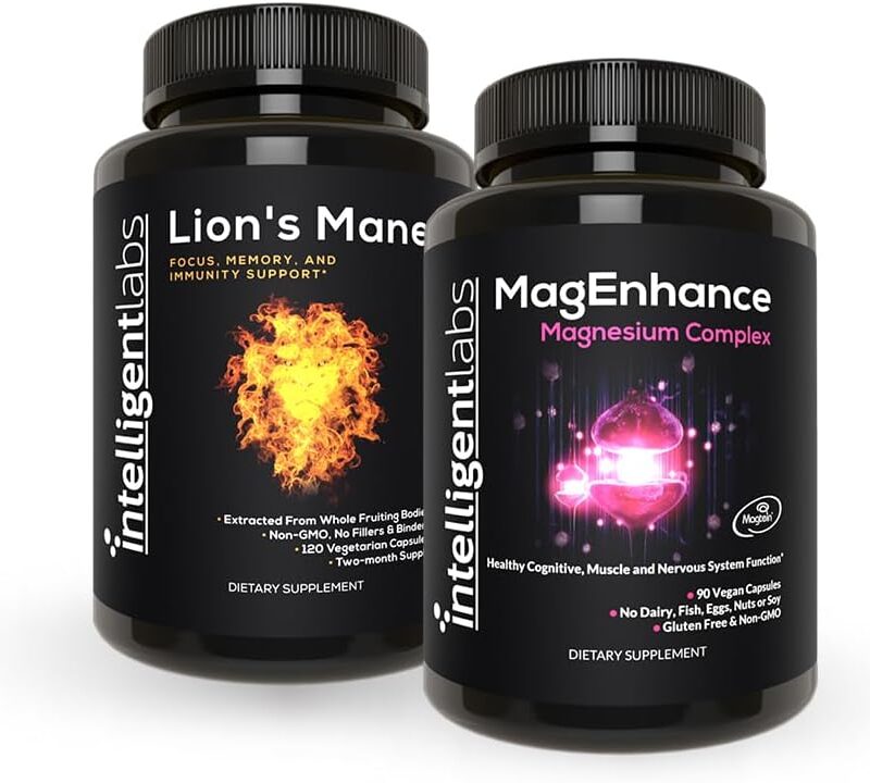 Intelligent Labs 2-in-1 Bundle of MagEnhance Magnesium Supplement (High Absorption Magnesium Glycinate, Threonate, and Taurate) and Lion’s Mane Mushroom Supplement (100% Fruiting Bodies Extract)
