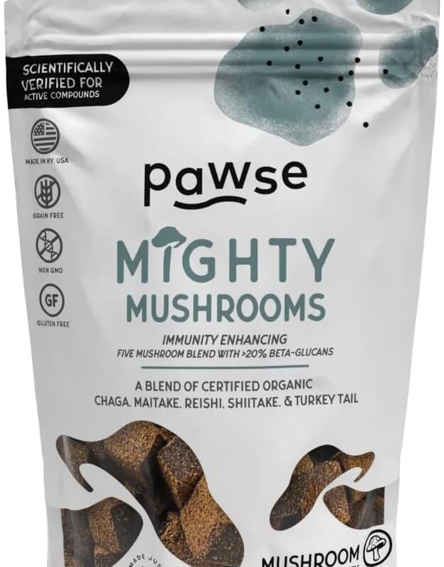 Pawse Mighty Mushrooms Treats, 30 Day Supply for 75 lb Dog, Grain Free, Freeze Dried and Immunity Enhancing for Dogs & Cats, 60 Count