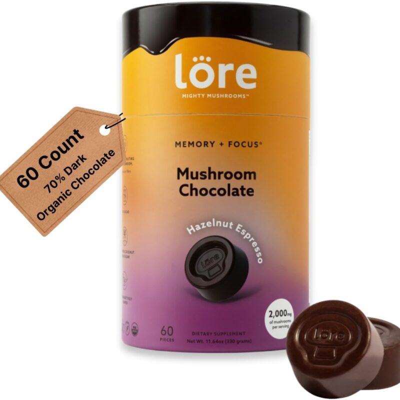 Organic Dark Mushroom Chocolate - Hazelnut Espresso Flavor - 70% Cacao - Organic, Vegan & Paleo Friendly with Lion’s Mane - USA Made - Cognitive Function and Nerve Regeneration