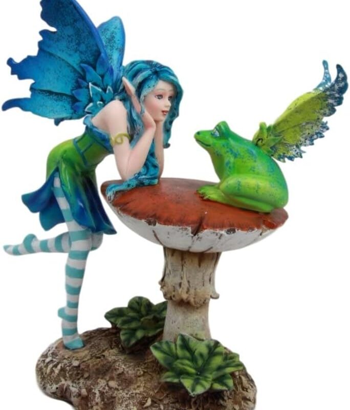 Ebros Gift Amy Brown Whimsical Blue Lightning Fairy with Green Winged Frog Gossip Sitting On Giant Inverted Mushroom Figurine 7.25" H Fantasy Magic Faery Garden Accent Collectible