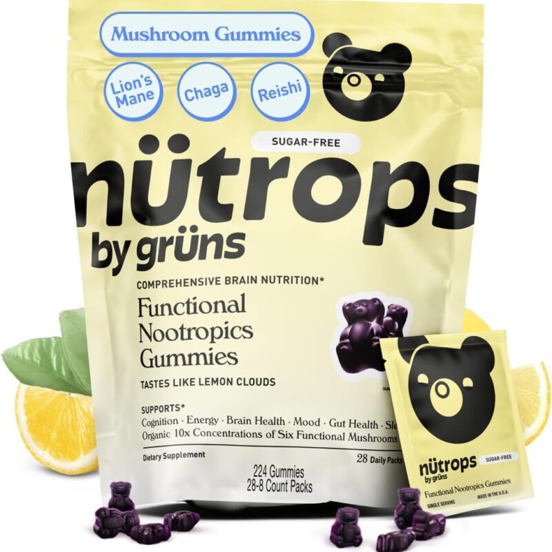 Nutrops Sugar-Free Functional Nootropics Mushroom Gummies for adult, Herbal Brain Supplement Gummy for Energy, Brain Health, Mood & Focus - Lions Mane, Cordyceps, Reishi, Maitake, Chaga & Coriolus Blend, 28 serve