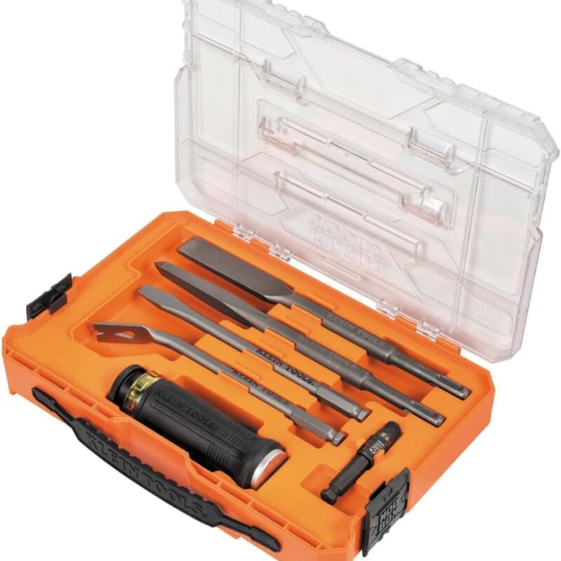 Klein Tools 32755SD SDS Demolition Driver Set with Case, Screwdriver Handle, Nail Puller, Pry Bar, SDS-Plus Chisels, for Prying, Demolition, and Screwdriving, 7-Piece