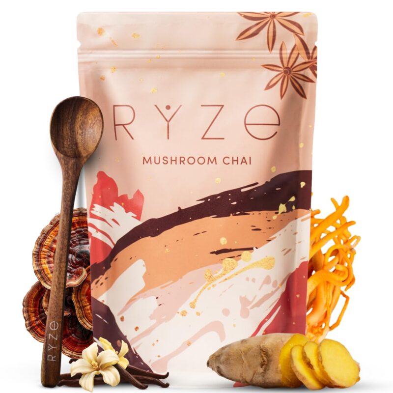 RYZE Mushroom Chai | 6 Adaptogenic Mushrooms | Gluten Free | Keto | Better Energy, Focus, Digestion, Immunity | Cordyceps, Lion’s Mane, Turkey Tail, Reishi, Shiitake | USA Grown | 20 servings