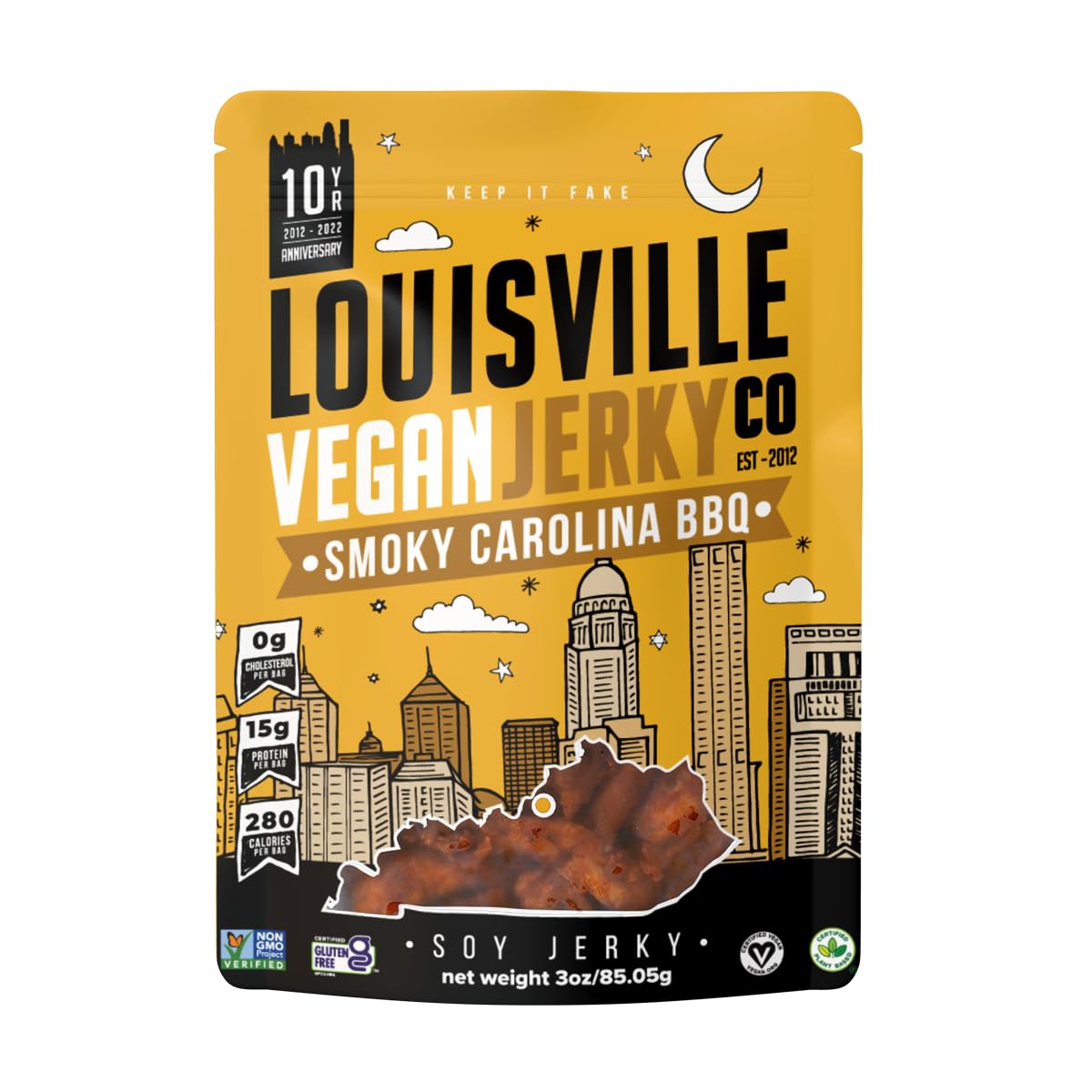 616h63HAs7L._SL1200_.jpg Louisville Vegan Jerky - Sweet & Smoky Carolina Mustard BBQ Vegan Meat - Lip-Smacking Vegan-Friendly & Vegetarian Jerky - Non-GMO Soy Protein, Gluten-Free High Protein Vegan Snacks (3oz)
