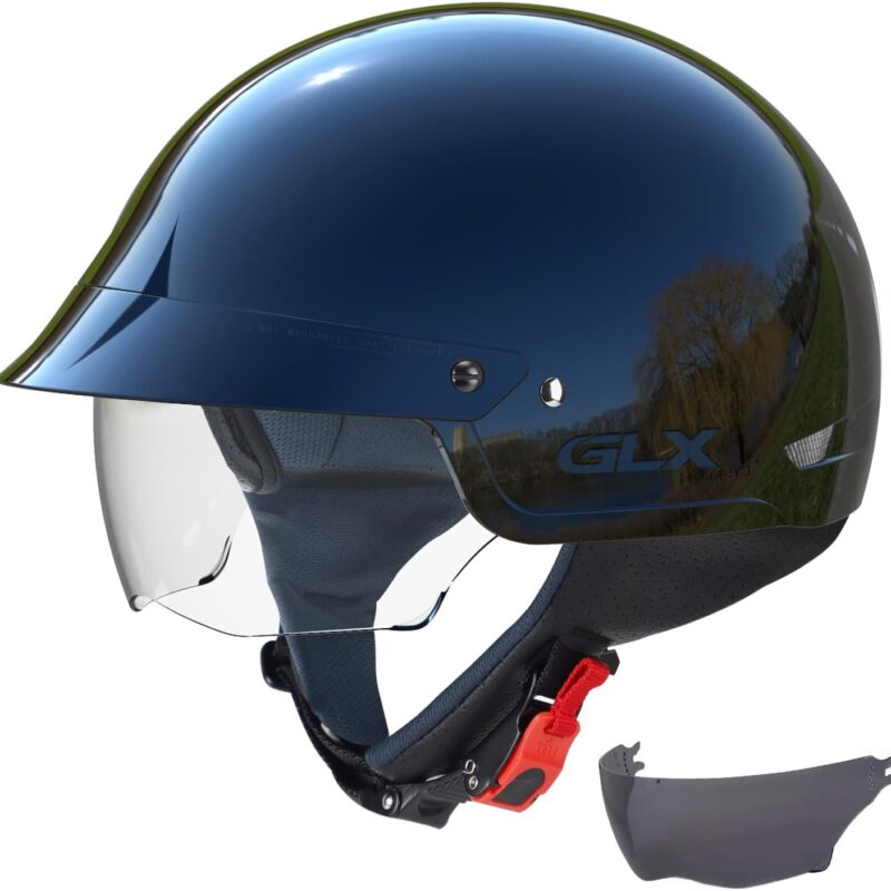 GLX M14 Cruiser Scooter Motorcycle Half Open Face Helmet with Free Tinted Retractable Visor DOT Approved (Black, Medium)
