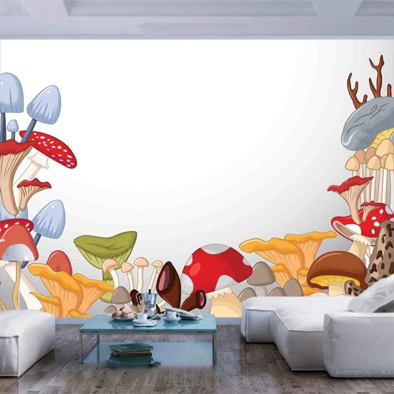 77x55 inches Wall Mural,Bunch of Mushrooms Toadstools Fungi Wildlife in Forest Cartoon Illustration Poisonous Plants Peel and Stick Self-Adhesive Wallpaper Removable Large Wall Sticker Wall Decor for