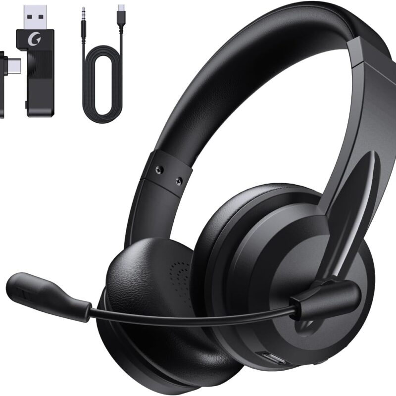 Wireless Headset with Mic for Work with AI Noise Cancelling Mic for Clear Calls, Bluetooth V5.3 Headphones with Microphone to USB A/C Dongle & Mic Mute for Computer Laptop PC iPhone (Black)
