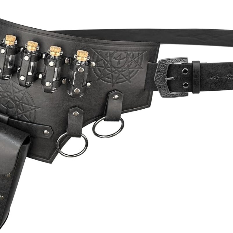 HiiFeuer 4 PCs Medieval Alchemy Belt Costume, Fantasy Faux Leather Wizard Potion Holder Belt with 4 Cork Vials and Belt Bag