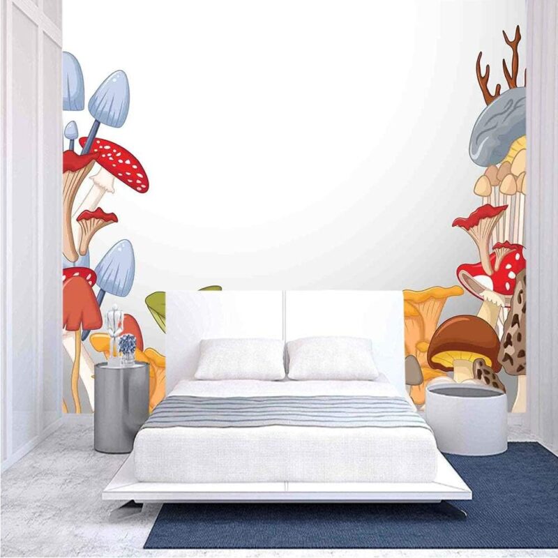 100x100 inches Wall Mural,Bunch of Mushrooms Toadstools Fungi Wildlife in Forest Cartoon Illustration Poisonous Plants Peel and Stick Self-Adhesive Wallpaper Removable Large Wall Sticker Wall Decor fo