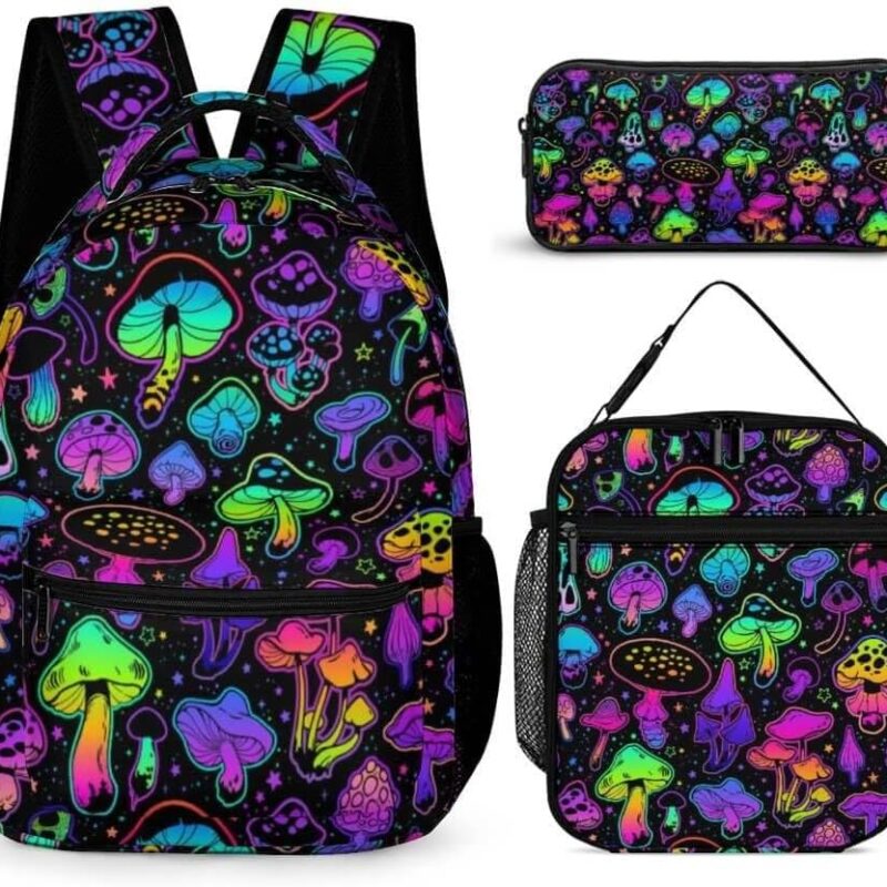 Mushroom Backpack with Lunch Box & Pencil Case for Kids Girls Boys School, 16 Inch Cute Mushrooms Bookbag, School Backpack for Students Children, Lightweight, Large Capacity