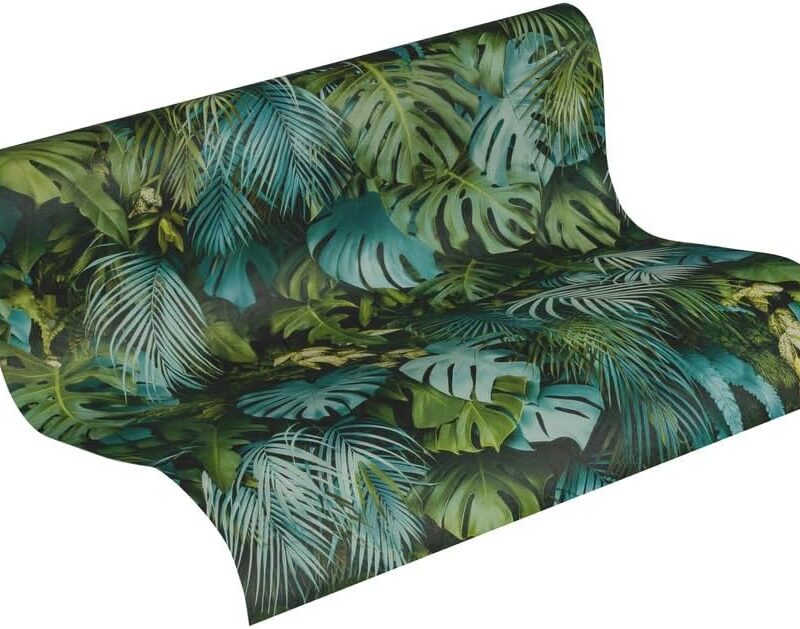 A.S. Création Wallpaper - Jungle Wallpaper in Green and Blue - Palm Wallpaper for Various Spaces - Non-Woven Wallpaper in 395.99 in x 20.87 in (10,05 m x 0,53 m)