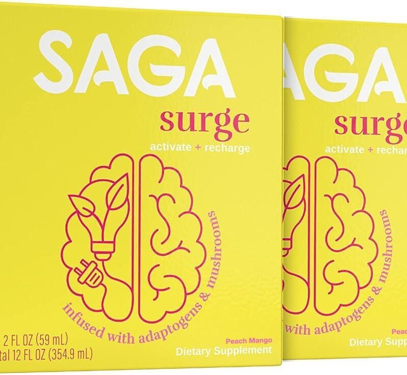 SAGA Organic Energy Shots | Contains Nootropics, & Mushrooms - CoQ10 & Ashwagandha | High Bioavailability & Fast Onset | Improves Endurance & Peak Performance | Peach Mango 2oz Shots (18-Pack)