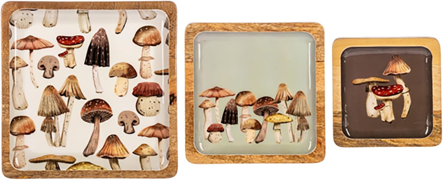 61Be4yrUUmL._AC_SL1500_.jpg GANZ Natural Brown Mushroom Pattern Square 10 x 10 Mango Wood Decorative Serving Display Tray Set of 3