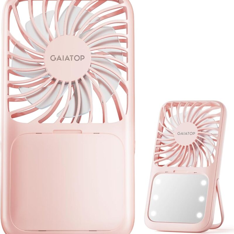 Gaiatop Portable Handheld Fan, Folding Stand for Desktop, 3 Speed LED Makeup Mirror with Light, Rechargeable Mini Personal Fans Small Travel Essentials Gifts for Women Girls Pink