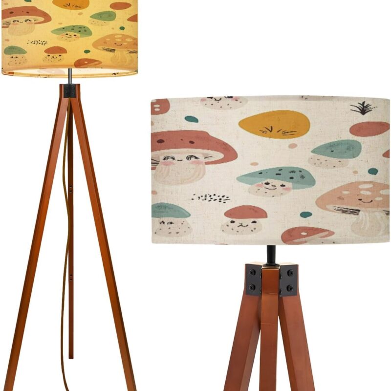 Wood Tripod Floor Lamp for Bedroom, Modern Hand Drawn Seamless Pattern Cute Kawaii Mushrooms Cute drawing doodle Reading Standing Lamp, Mid Century Night Light for Study Room Living Room Office