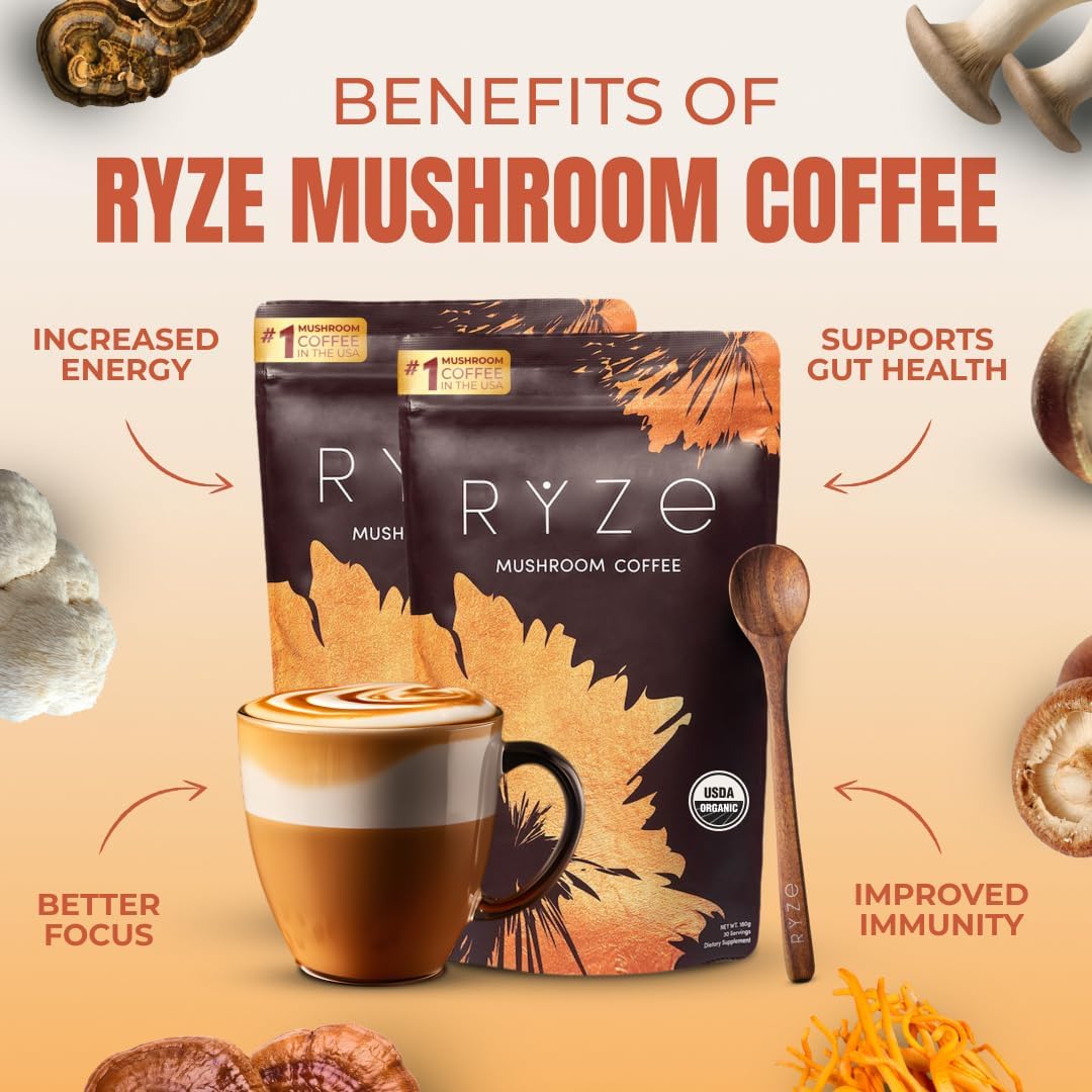 61GCnF8hxlL._AC_SL1080_.jpg RYZE Starter Kit | Mushroom Coffee Bundle | 6 Adaptogenic Mushrooms | USDA Organic | Instant Coffee | MCT Oil | USA Grown | Better Energy, Focus, Digestion, Immunity | 60 servings - Image 2