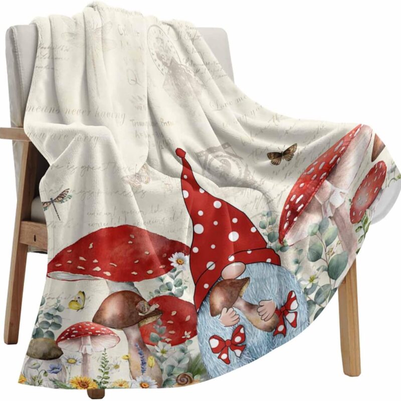 Fleece Blanket for Couch Spring Gnome with Hat Red Mushroom Plants Retro Super Soft Throw Blankets Lightweight Plush Fuzzy Bed Throws for Sofa Travel Camping 60x80 inches