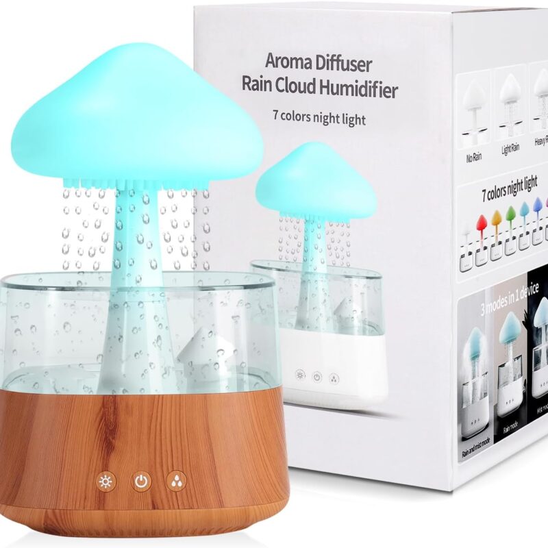Rain Cloud Humidifier for Bedroom Water Drip Diffuser, Mushroom Diffuser, 450ml Cloud Humidifier Rain Drop, Rain Cloud Diffuser with 7 Colors, Rain Sounds for Sleeping (08 Wood Grain)