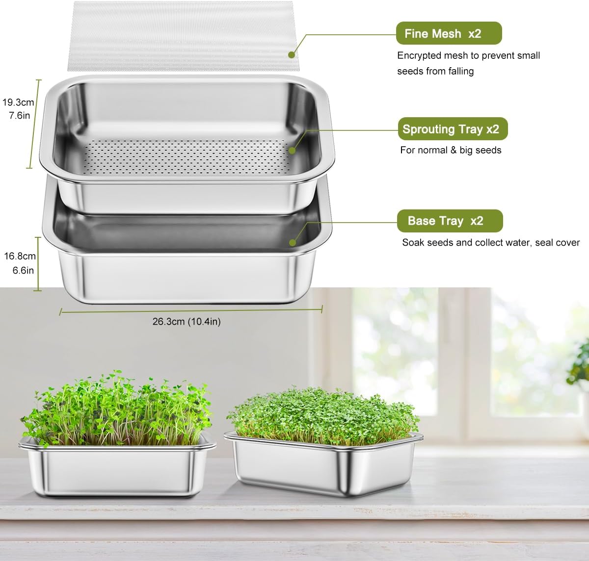 61N6Pr6H7aL._AC_SL1200_.jpg FANHAO 2-Pack Sprouting Tray Kit, Stainless Steel Soil-Free Cultivation Germination Tray, Healthy Wheatgrass Grower Sprouting Container Kit Nursery Tray for Indoors Plant Seedlings - Image 2