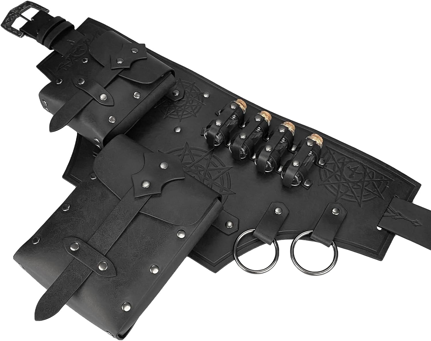 61PFmUSDrL._AC_SL1500_.jpg HiiFeuer 4 PCs Medieval Alchemy Belt Costume, Fantasy Faux Leather Wizard Potion Holder Belt with 4 Cork Vials and Belt Bag - Image 3