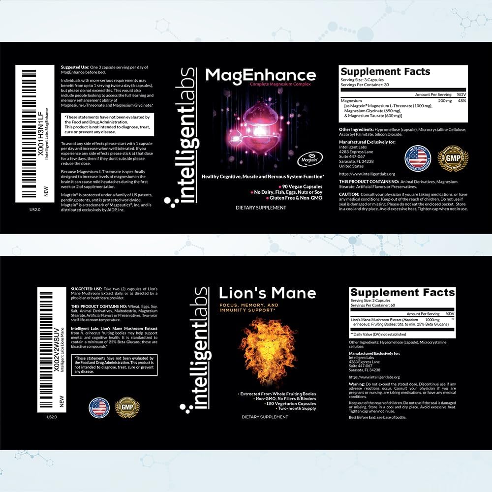 61QI4Z1rAL._AC_SL1000_.jpg Intelligent Labs 2-in-1 Bundle of MagEnhance Magnesium Supplement (High Absorption Magnesium Glycinate, Threonate, and Taurate) and Lion’s Mane Mushroom Supplement (100% Fruiting Bodies Extract) - Image 2