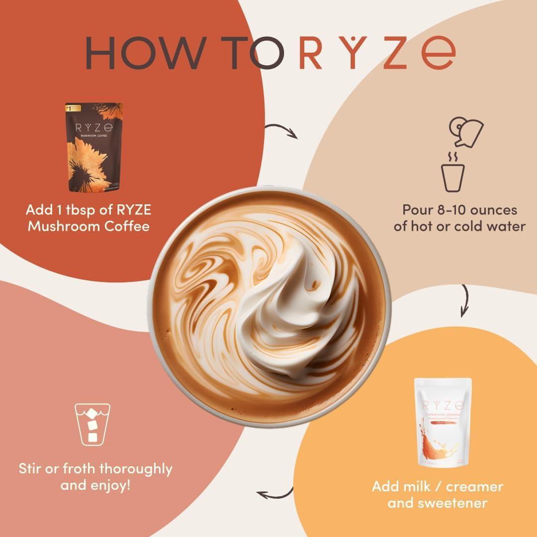 61Qcvdnwu7L._AC_SL1080_.jpg RYZE Starter Kit | Mushroom Coffee Bundle | 6 Adaptogenic Mushrooms | USDA Organic | Instant Coffee | MCT Oil | USA Grown | Better Energy, Focus, Digestion, Immunity | 60 servings - Image 7