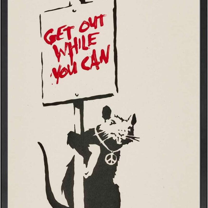 Printed Canvas Painting Wall Art Banksy Rat Get Out While You Can Poster Wall Art Banksy Poster Graffiti Street Wall Art Living Room and Bedroom Home Decoration 16x24inch metal frame