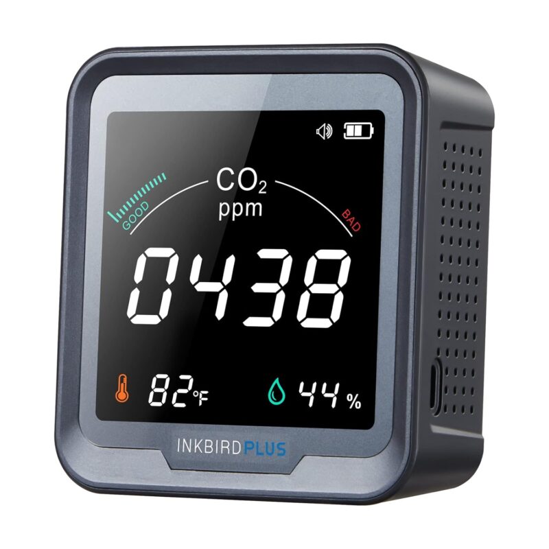 INKBIRDPLUS Indoor CO2 Detector, Air Quality Monitor, Tester for Carbon Dioxide, Temperature and Relative Humidity, Indoor CO2 Monitor with Alarm, for Grow Tents, Wine Cellars, Homes, Cars(PTH-9C)