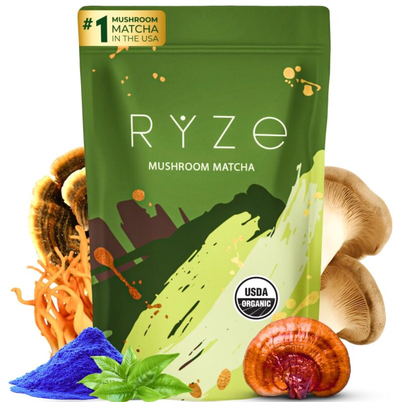 RYZE Mushroom Matcha, USDA Organic with 6 Adaptogenic Mushrooms and Ceremonial-Grade Japanese Matcha, Energy, Focus, Digestion, Immunity with Cordyceps, Lion’s Mane, Reishi, Turkey Tail, 30 servings