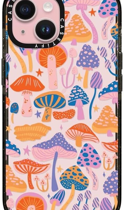 CASETiFY Impact Case for iPhone 15 [4X Military Grade Drop Tested / 8.2ft Drop Protection] - Cute Prints - Magic Mushrooms - Clear Black