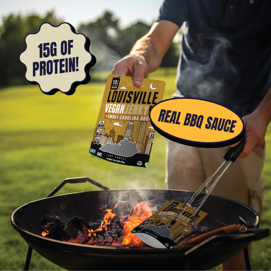 61YhCovfh7L._SL1080_.jpg Louisville Vegan Jerky - Sweet & Smoky Carolina Mustard BBQ Vegan Meat - Lip-Smacking Vegan-Friendly & Vegetarian Jerky - Non-GMO Soy Protein, Gluten-Free High Protein Vegan Snacks (3oz) - Image 5