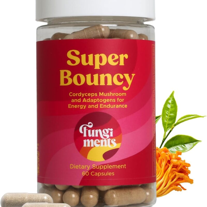 Super Bouncy - Mushroom Supplement for Energy, Focus, Memory and Immune Support - Cordyceps Mushrooms, Beta-Glucan, Green Tea Extract, Ginseng (60 Capsules)