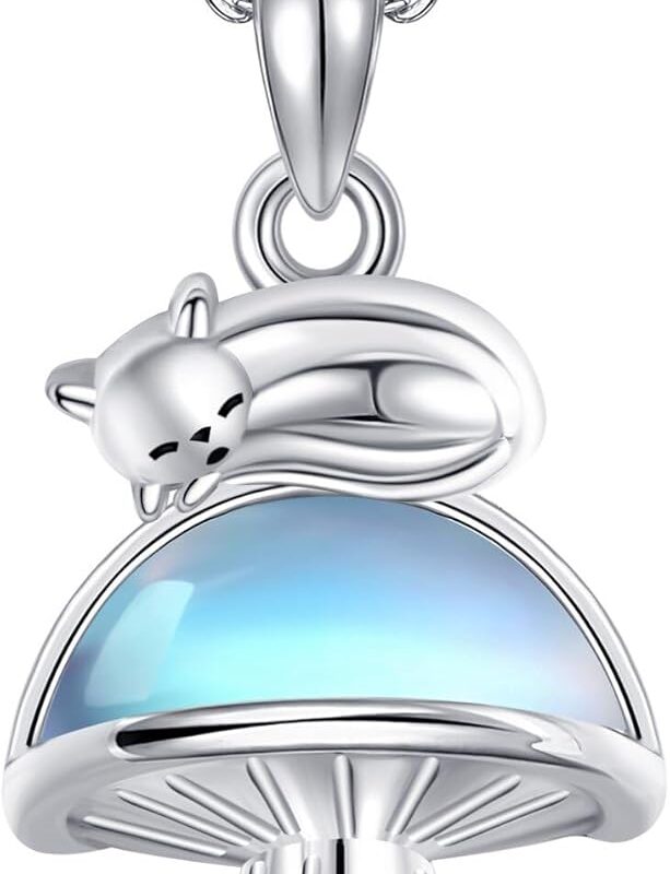 Mushroom Cat Necklace Sterling Silver Moonstone Mushroom Pendant Mushroom Jewelry for Women