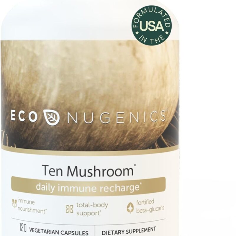 EcoNugenics Ten Mushroom Supplement: Daily Immune Support, 120 Capsules – Lion’s Mane, Reishi, Cordyceps, Turkey Tail, Maitake, Shiitake – Energy, Gut Health, Liver, Kidney & Nootropic Brain Support