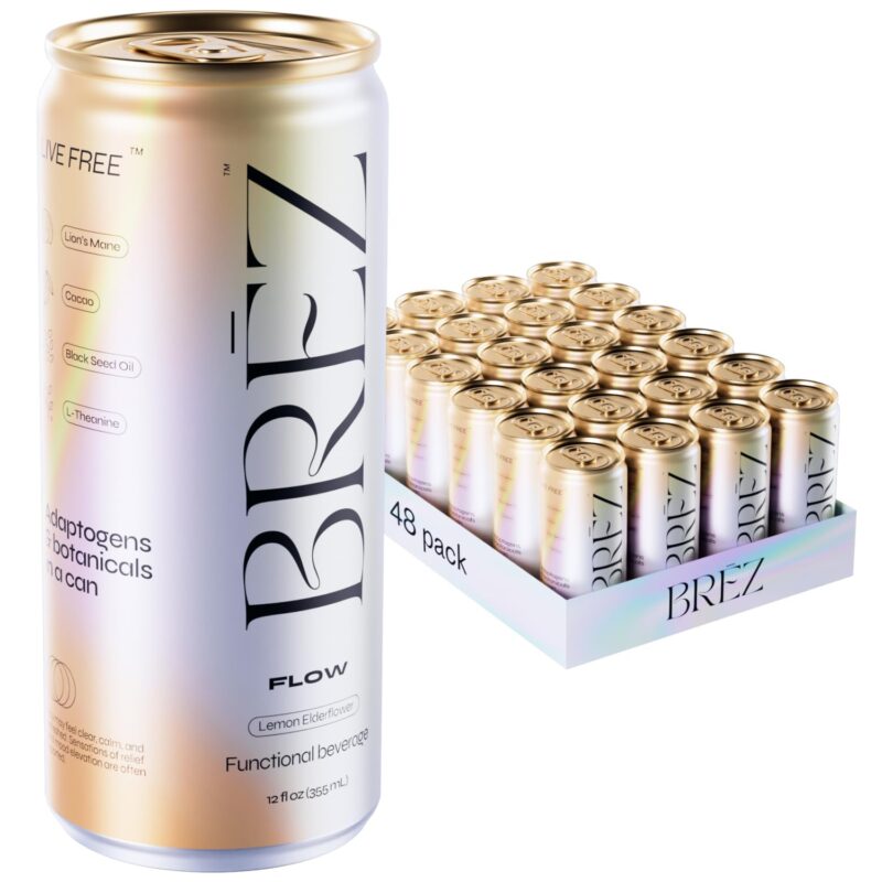 BREZ Flow Lion’s Mane Mushroom Drink, Non-Infused, Adaptogens, Relieving, Uplifting, and Social, Sparkling Lemon Elderflower Tonic 12 Fl oz (48-Pack)