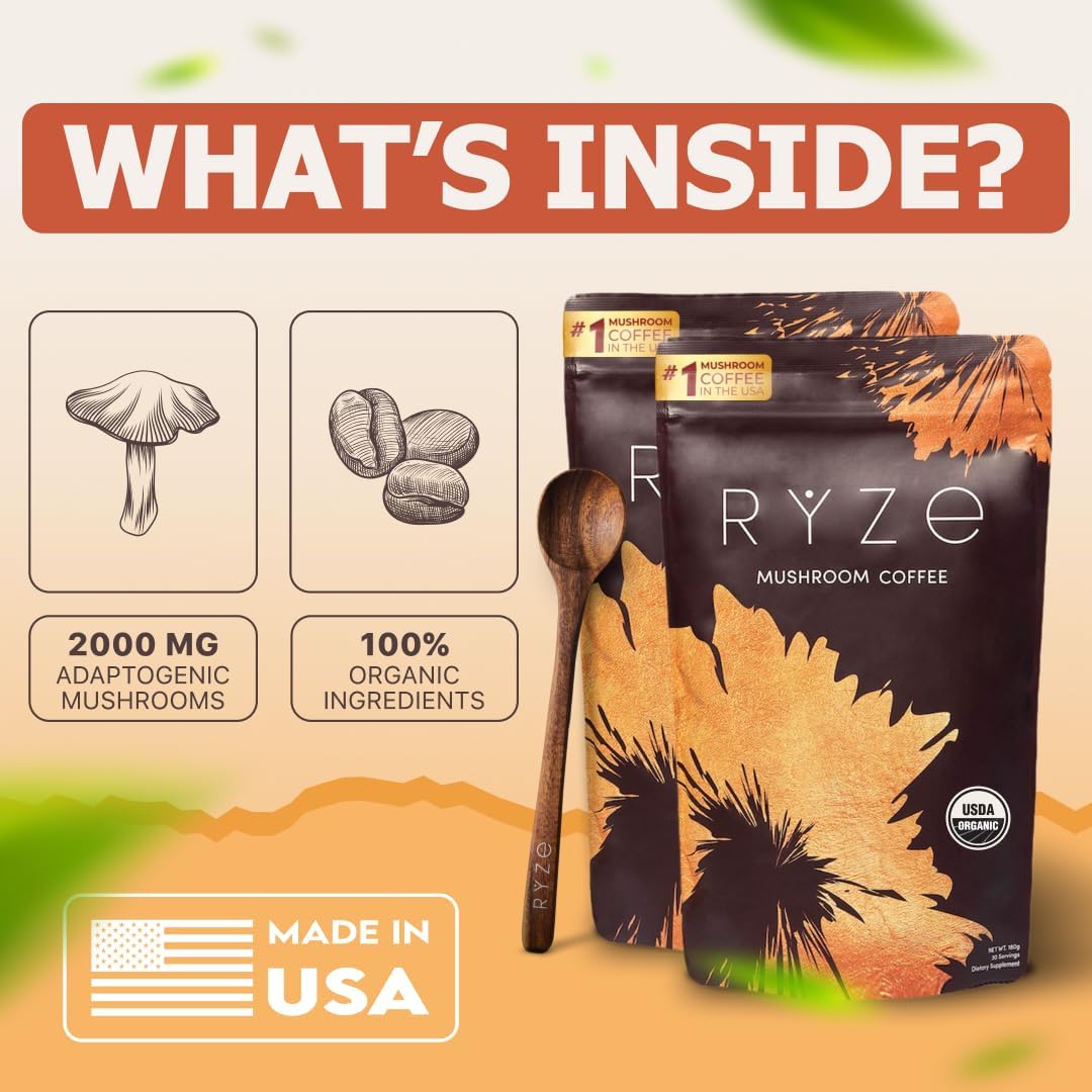 61fNJa0NkoL._AC_SL1080_.jpg RYZE Starter Kit | Mushroom Coffee Bundle | 6 Adaptogenic Mushrooms | USDA Organic | Instant Coffee | MCT Oil | USA Grown | Better Energy, Focus, Digestion, Immunity | 60 servings - Image 5