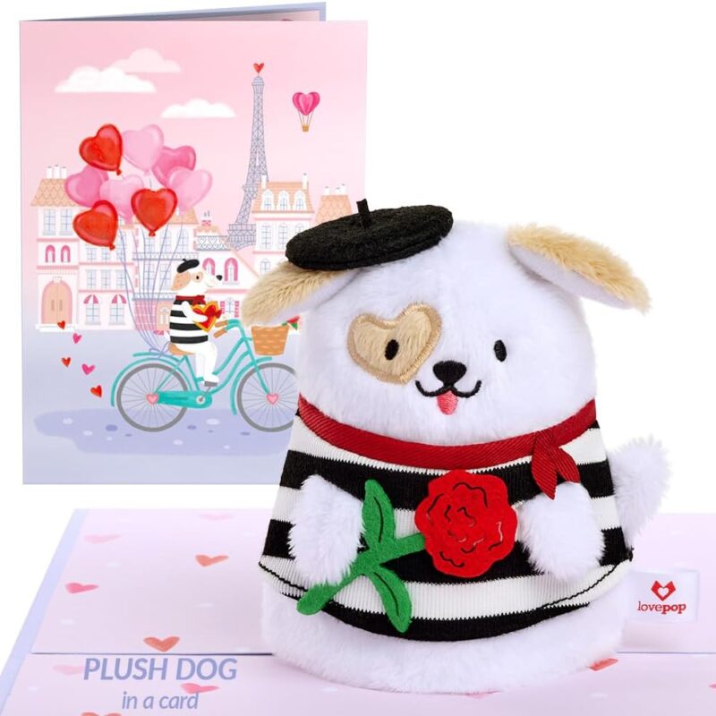 Lovepop Plushpop Soft Animal Pop-Up Card for Her and Him - 3D Greeting Card for Boys, Girls, Men, Women - French Love Dog - 6" x 8" Card